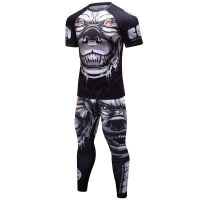 ：“{—— Men MMA Kickboxing Tracksuit Compression Shirt Pants Boxing Shorts Set BJJ Rashguard Gym Fitness Clothing Sportswear Sport Suits