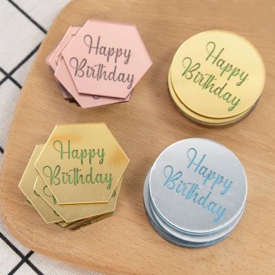 10pcs Happy Birthday Cupcake Toppers Gold Acrylic Circle Dessert Cake DIY Decorations Insert Card Kids Party Supplies