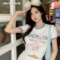 LING GAN KA NU เสื้อครอปไอจี   ฤดูร้อนใหม่เวอร์ชั่นเกาหลีแฟชั่นสตรีร่างกายกระชับสัดส่วนพิมพ์แขนสั้น top