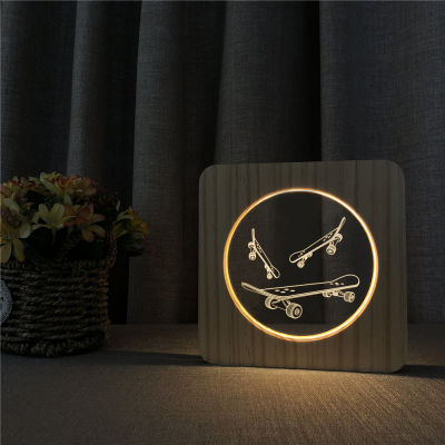 Skateboarding Sports 3D LED Lamp Arylic Wooden Night Table Light Switch Control Carving Lamp for Childrens Room Decorate Gift