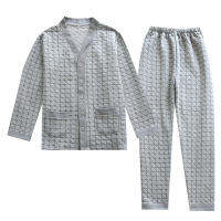 Autumn and Winter Thick Air Layer Pajamas Set Mens Plaid Design Quilted Home Sleepwear Long-sleeved Trousers Pijamas for Men