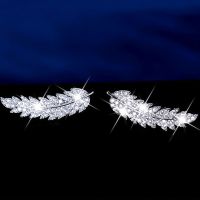 feather ear climbers cuff Earrings 925 Sterling silver &amp; 18k gold crystal diamond leaves cluster wedding earrings