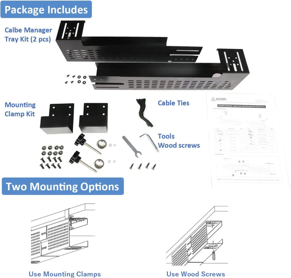 AEONS Under Desk Cable Management Tray Black Horizontal 16-inch Under Desk  Removable C Clamp Mount Computer Cord Raceway and Modesty Panel