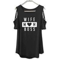 Wife Mom Boss Letters Print T-Shirt For Women Short Sleeve Cotton Tshirt T-Shirt Women Female Tops Off The Shoulder Hollow Tee