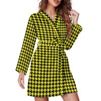 【LZ】✁□▬  Elegante roupão de pijama feminino manga comprida casual solto gola V kawaii roupão de banho vestido diário preto e amarelo