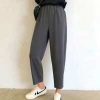 【มีไซส์ใหญ่】Plus Size Womens Elastic Waist All Matching Pants Solid Color Ladies Slim Black Grey Office-wear  Ankle Pants