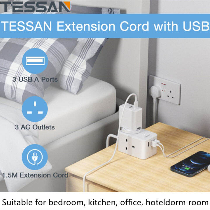TESSAN 1.5 Metre Extension Cord Multi Plug Extension USB Adapter