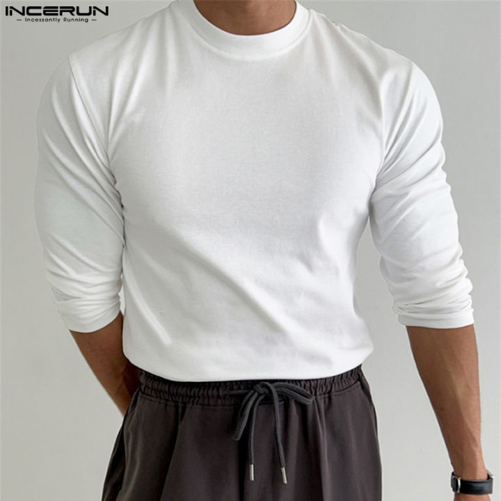incerun-เสื้อคอผู้ชายพอดีตัวเสื้อยืดธรรมดาเสื้อแขนยาวเสื้อ-ลดล้างสต๊อก
