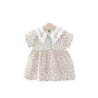 Girls dressesกระโปรงเด็กผู้หญิงคอปกแขนสั้นดอกไม้เล็กๆสไตล์ใหม่3เดือน-1-2-ปี