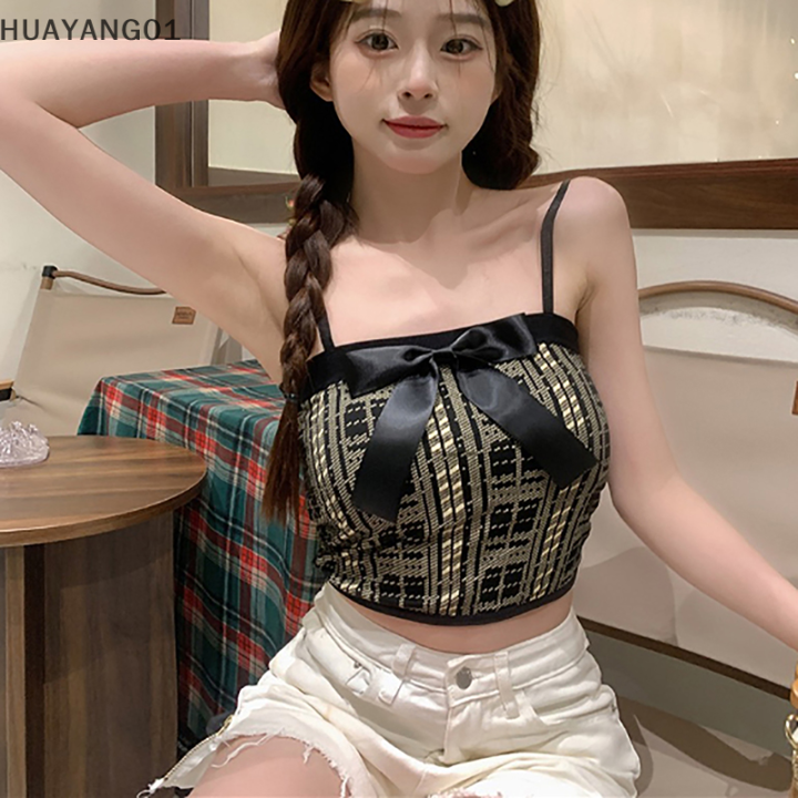 huayang01-2023แฟชั่นใหม่ล่าสุดเสื้อสายเดี่ยวถักลายสก๊อตผูกโบว์สำหรับผู้หญิงเสื้อกล้ามเข้ารูปเซ็กซี่แขนกุด