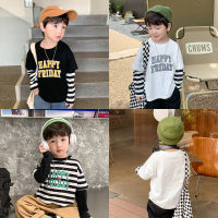 Babies long sleeve T-shirt 2023 spring letter stitching sleeves top baby handsome fake two-piece striped base shirt fashion