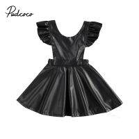 0-5Years Infant Kids Baby PU Dress Solid Black Synthetic Leather Dress Ruffled Sleeveless Fashion Gown Outfits  by Hs2023