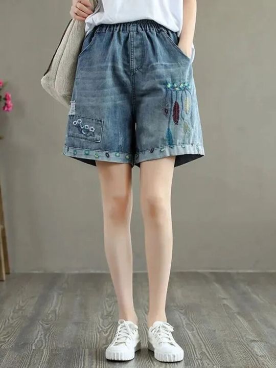 summer-vintage-high-waist-embroidery-denim-shorts-s-3xl-hole-loose-women-pants-fashion-elastic-waist-streetwear-wide-leg-pants