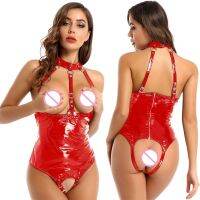 Womens Cups Crotchless Bodysuit Halter Neck Wet Patent Leather Bare Breast Leotard Nightwear Clubwear