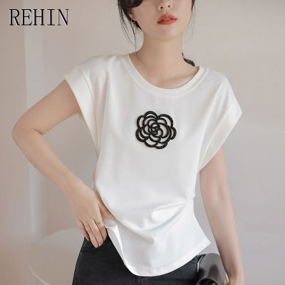 REHIN เสื้อยืดลายดอกคาเมลเลียสำหรับผู้หญิง,เสื้อแขนเสื้อแบบมีปีกสไตล์ใหม่2023รัดเอวลดขนาด