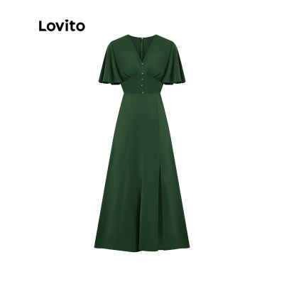 Lovito เดรสแชนผีเสื้อ เอวสูง มีกระดุม แบบผ่าสูง สีพื้น สไตล์ลำลอง สำหรับผู้หญิง L45LD040 (สีเขียว)