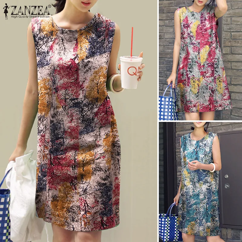 Zanzea Đầm Nữ Mùa Hè Cotton Linen không tay cổ tròn cổ điển Loose Đầm không  tay Mini 7  Lazadavn