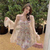 SLPBELY Elegant Floral Printed Strap Dress For Women Spring Backless Mini Dress Vintage Korean Bench Party Fairy Dress 2pc Set