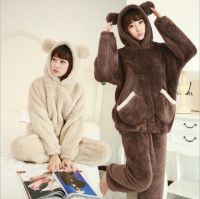 Autumn Winter Women Flannel Pajamas Set Bear Hooded Pajamas Sleepwear Coral Fleece Thickened Warm Pyjamas Home Clothing