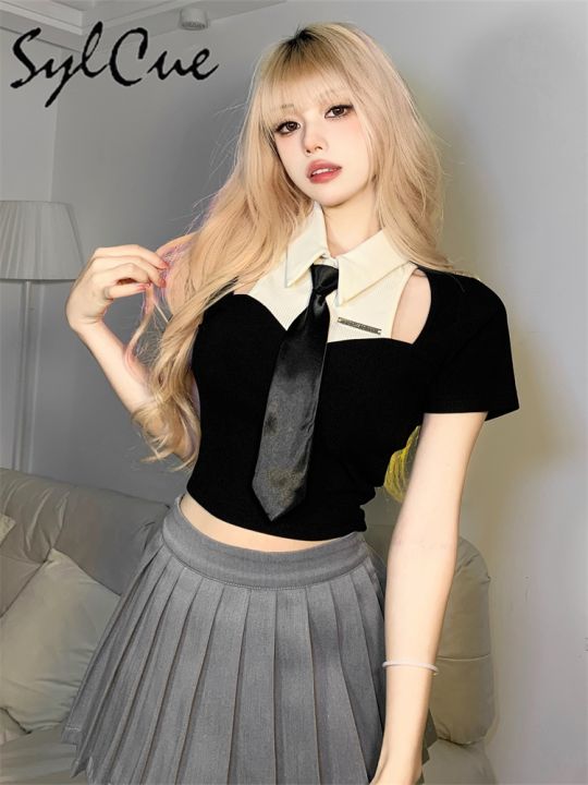 sylcue-college-style-student-young-energetic-girl-sweet-gentle-cute-all-match-casual-womens-fake-two-piece-top-with-tie