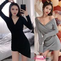 Women V-neck irregular y long sleeve Slim Short dress