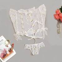 2Pcs Women Lingerie Set Mesh Sheer Daisy Floral Printing Off-Shoulder Bra + Bow Knot Tie-Waist Thong-Panty Underwear Sets