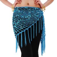 12 Colors Belly Dance Practice Clothes Accessories Stretchy Long Tassel Triangle Belt Hand Crochet Belly Dance Hip Scarf Sequin