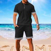 Hot Summer Beach Mens Sets Fashion Tow-Piece thin polo shirt + sports drawstring shorts Casual Clothes Mens Beach Wear