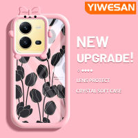 YIWESAN เคสสำหรับ Vivo V25 5G V25E X80ไลต์5G V27 V27E V27 Pro 5G S16 Pro เคส S16e แฟชั่นสีดำลายทิวลิปแพตเทนสีสันสดใสน่ารักกล้องมอนสเตอร์เล็กๆเคสมือถือกันกระแทกแบบใสฝาครอบป้องกันซิลิโคนแบบเรียบง่าย