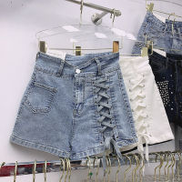 Korean womens denim short summer new casual fashion strap slim stretch denim A-line hot pants high waist white denim short