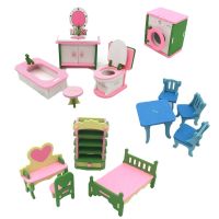 Wooden Simulation Miniature Furniture Bathroom Restaurant House Decoration Play Toys Wood Dollhouse Furniture Toys set For Kids