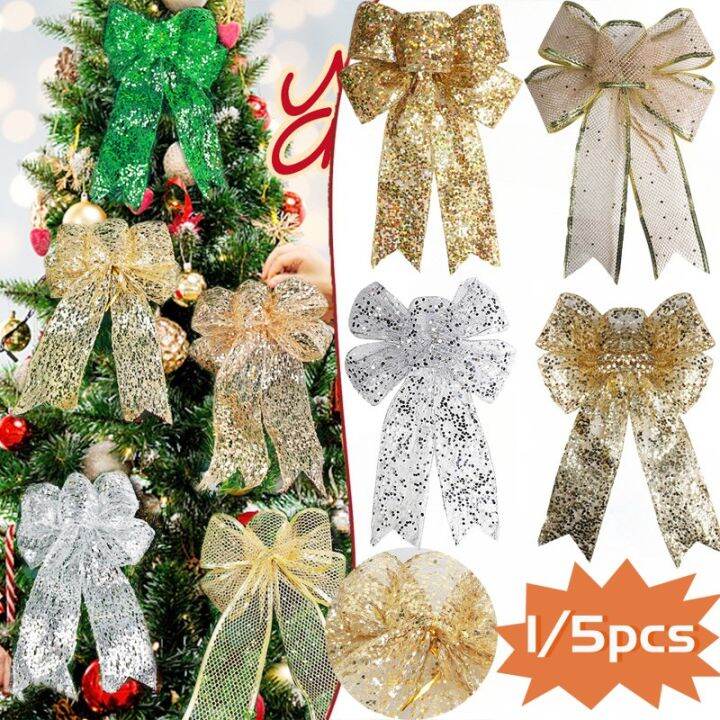 1/5Pcs Flash Christmas Ribbon Bow Christmas Tree Top Ornaments New Year