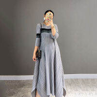 DEAT Woman Pleated Maxi Dress Striped Asymmetry Seven Sleeve Round Collar Causal Style Elegant Dresses  New Autumn 15AK747