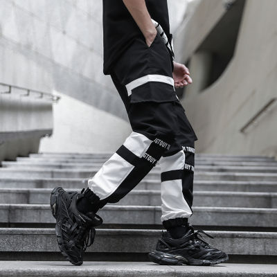 Orange &amp; Black &amp; White Elastic waist Men Streetwear Fashion Ribbon Tactics Cargo Pants Hip Hop Sweatpants Brand Joggers Trousers