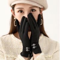 Women Autumn Winter Button Embroidery Touch Screen Driving Mitten Lady Velvet Cashmere Full Finger Warm Sport Cycling Glove F13