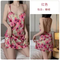 2023 Hot Satin Print With Chest Pad Small Chest Push Up Back Cross V-Shaped Nude Back Ladies Homewear Nightdress 3764