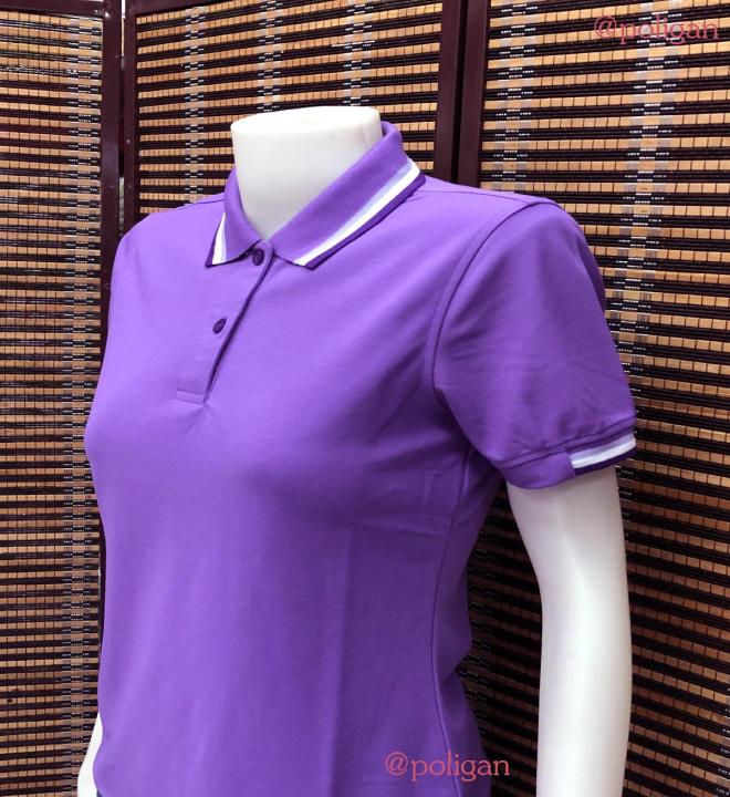 เสื้อโปโลสีม่วง-poligan-โพลี่แกนแบบชาย-มีกระเป๋าที่หน้าอก-และมีแบบหญิงทรงเข้ารูป-คอขลีบม่วงอ่อน