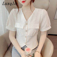 Luxqlo เสื้อเชิ้ตสไตล์เกาหลีคอวีแขนสั้นสำหรับผู้หญิงเสื้อยาวสีขาวฤดูร้อนแฟชั่นหรูหรา Atasan Sifon