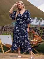 2021ผู้หญิง Summer Beach Dress Plus ขนาด5XL หญิง V คอดอกไม้พิมพ์ Ruffles ชุดวันหยุดขนาดใหญ่ Maxi Wrap Dresses