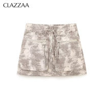 CLAZZAA ROK Mini พิมพ์ลายแฟชั่นสำหรับผู้หญิงเอวสูงสำหรับหญิงเก๋ไก๋ผู้หญิงกางเกงขาสั้นลำลองขาสั้น