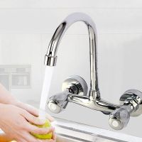 Wall mounted kitchen faucet double handle double hole bathroom sink washbasin hot and cold water mixer washbasin faucet