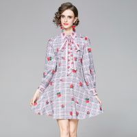 Womens Boho Flower Dress Female Lapel Collar Long Sleeve Floral Print Party Beach Midi Vestidos With Belt