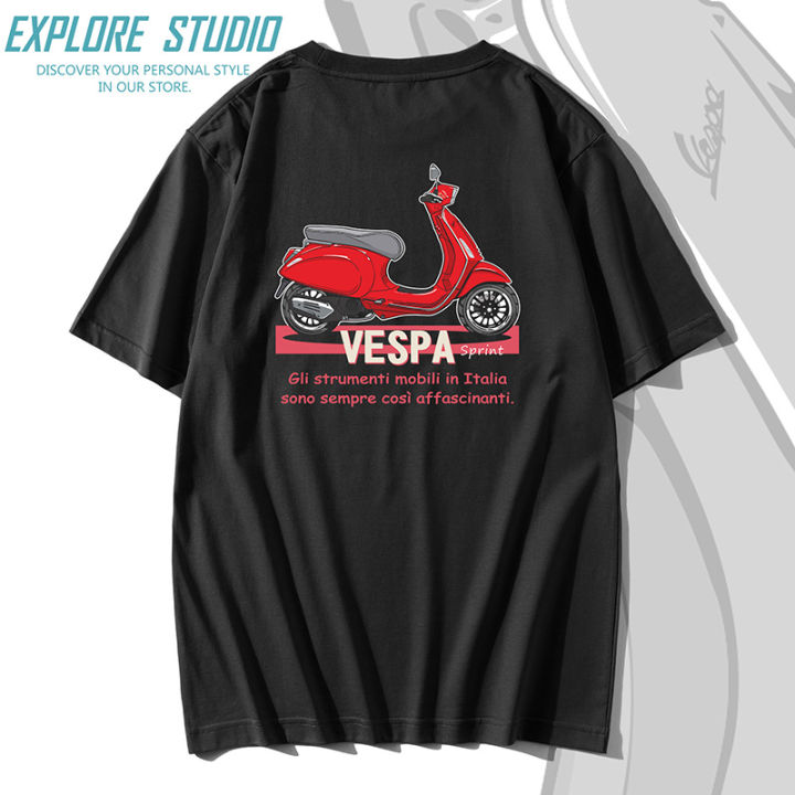 vespaหัวรถจักรสปริง-rush-150-การ์ตูนดั้งเดิมฤดูร้อนยอดนิยมรอบคอลำลองแขนสั้นเสื้อยืด