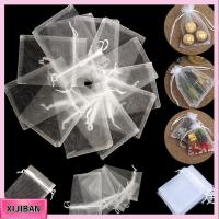 XIJIBAN 25/50PCS งานแต่งงาน ปาร์ตี้ซัพพลาย ของชำร่วยคริสต์มาส Organza Gauze ซอง ถุงสีขาว กระเป๋าหูรูด ถุงของขวัญ