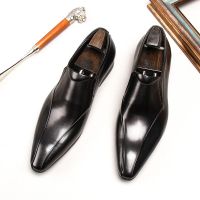 Spring/Autumn Mens Leather Pointed Toe Slip-On Black/Brown Business Office Wedding For Men Flats Shoes