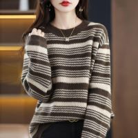 COD DDDGRYTRY 2022 Autumn Winter New Style Sweater Womens Mothers Clothing Korean Version Striped Loose Large Size Fat MM Hundred K