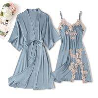 Autumn Summer Women Satin Robe &amp; Gown Sets Sexy Lace Sleep Lounge Silk Nightwear Bathrobe+Sling Nightdress Robe Sets Chest Pads