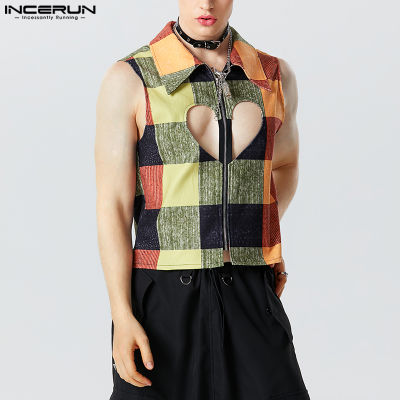 INCERUN เสื้อมีซิปหัวใจลายสก๊อตแขนกุดสำหรับผู้ชายเสื้อกล้ามพิมพ์ลายกลวงมีสไตล์ (สไตล์ตะวันตก)