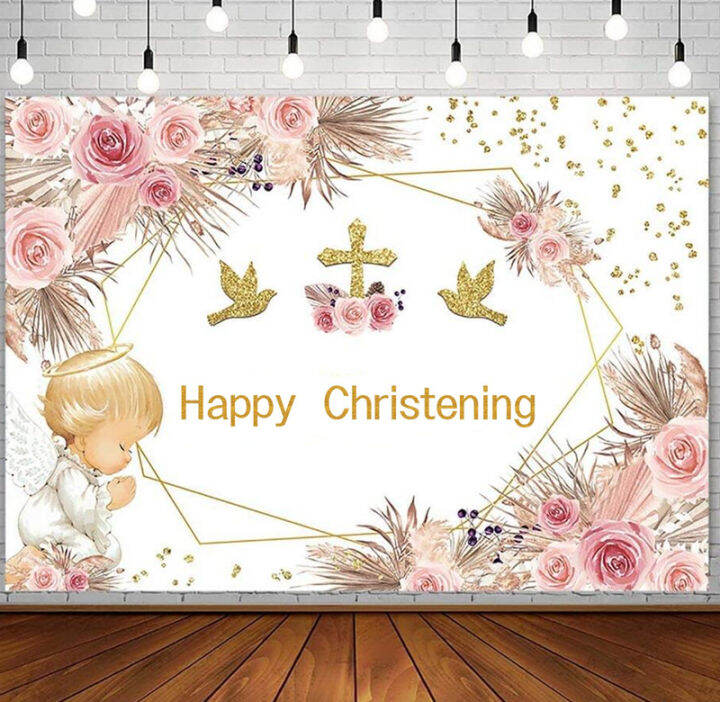 5x3ft Happy Christening Photography Backdrop Boho Baptism God Bless