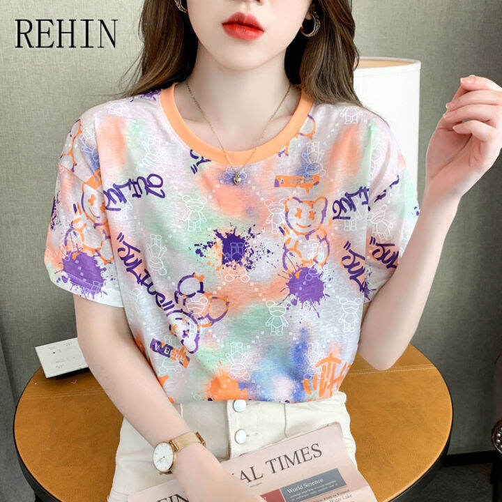 rehin-เสื้อยืดแขนสั้นพิมพ์ลายคอกลมสำหรับผู้หญิง-เสื้อยืดทรงหลวมดีไซน์หรูหราแฟชั่นสไตล์เกาหลีแบบใหม่ฤดูร้อน